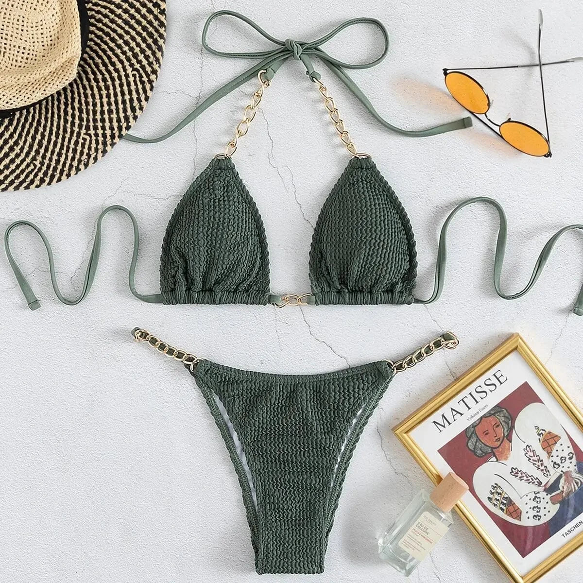 Bikini Élégant à Chaînes Dorées - Maillot de Bain Luxe Noir