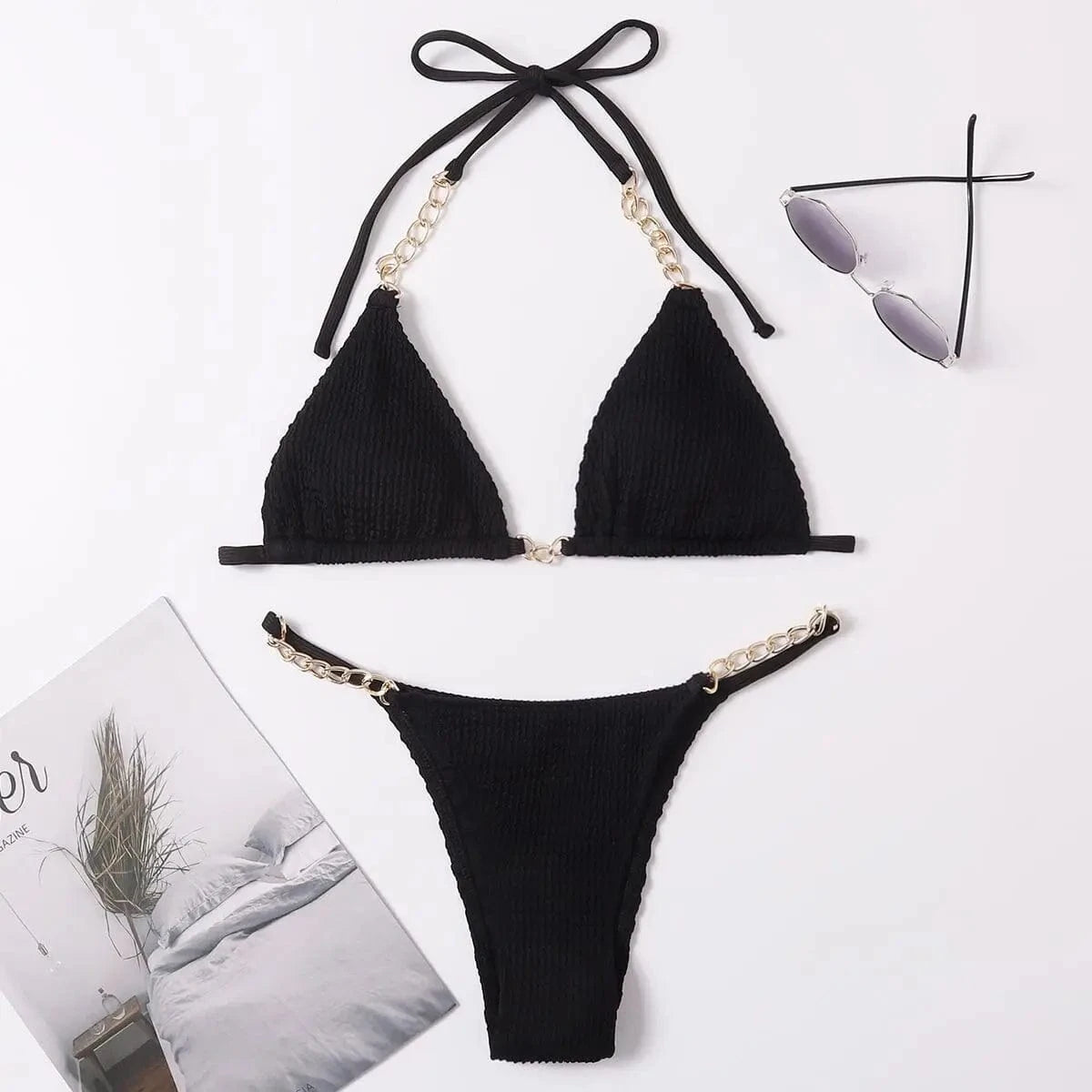Bikini Élégant à Chaînes Dorées - Maillot de Bain Luxe Noir