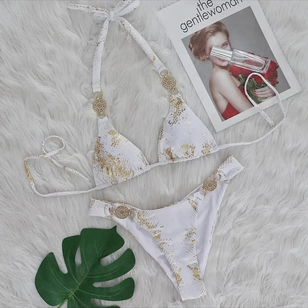 Bikini Imprimé Abstrait Jaune - Élégance et Confort Pour Vos Étés Blanc / S