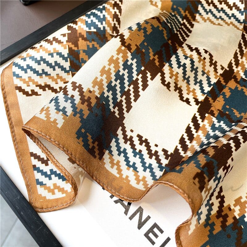 Carré 100% Soie Femme Carreau Marron 53X53cm
