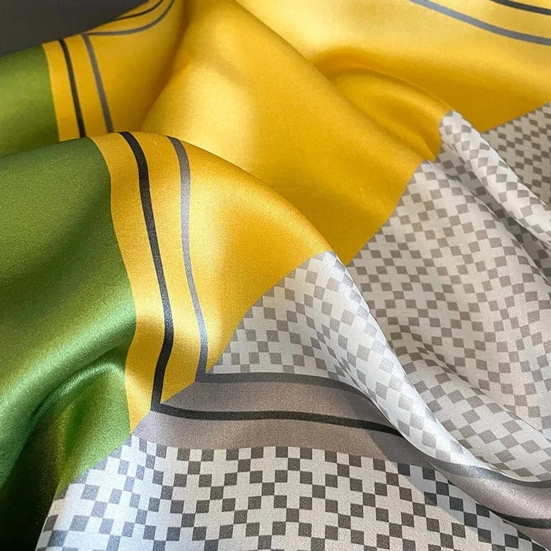 Carré 100% Soie – Foulard carré Art déco jaune doré et vert émeraude 53x53cm