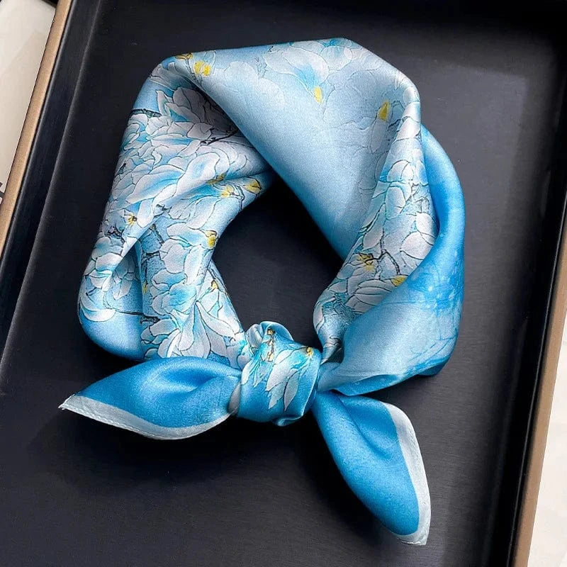 Carré 100% Soie foulard carré de soie femme premium – Accessoire mode élégant et léger Bleu / 53x53cm