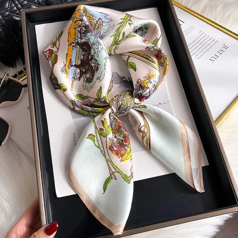 Carré 100% Soie – Foulard carré de soie imprimé XIXe siècle, scènes romantiques et décor végétal 70x70cm