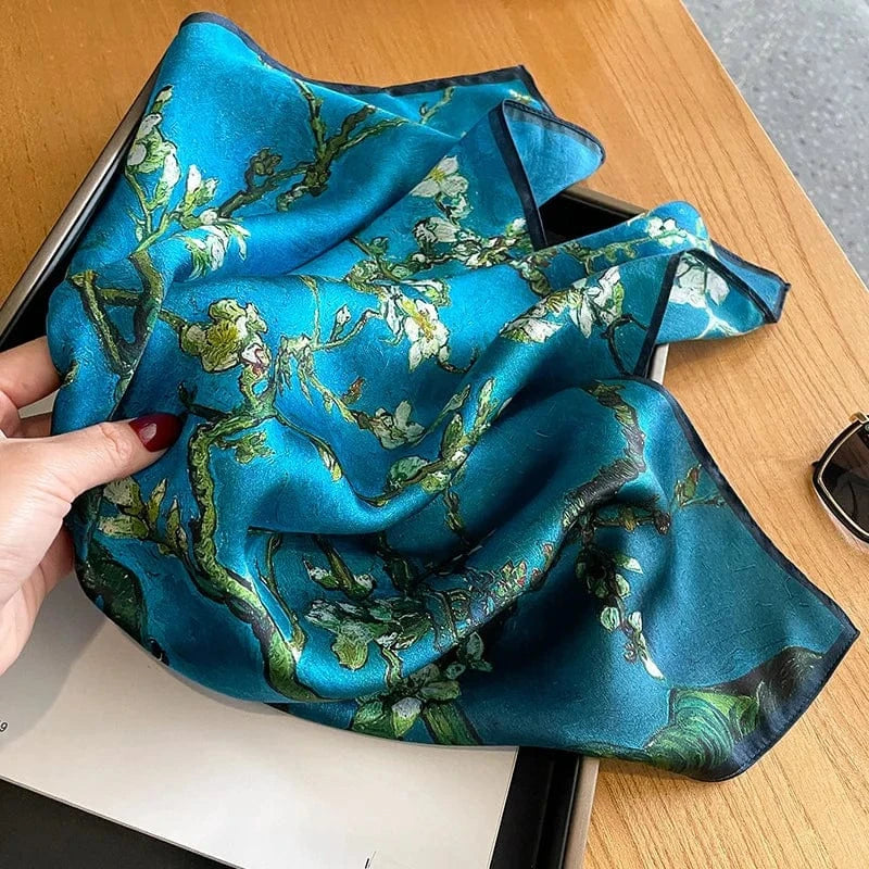 Carré 100% Soie foulard carré en soie imprimé fleurs - Écharpe chic et raffinée 53x53cm