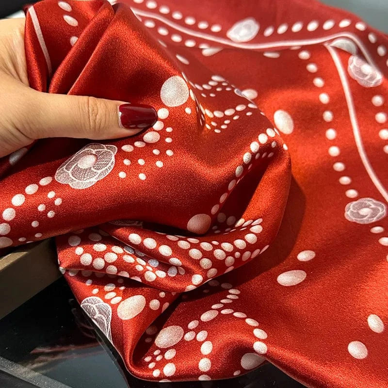 Carré 100% Soie Foulard Carré en Soie - Motif Mandala Rosace Rouge, Design Floral Géométrique avec Bordures Pointillées 70x70cm