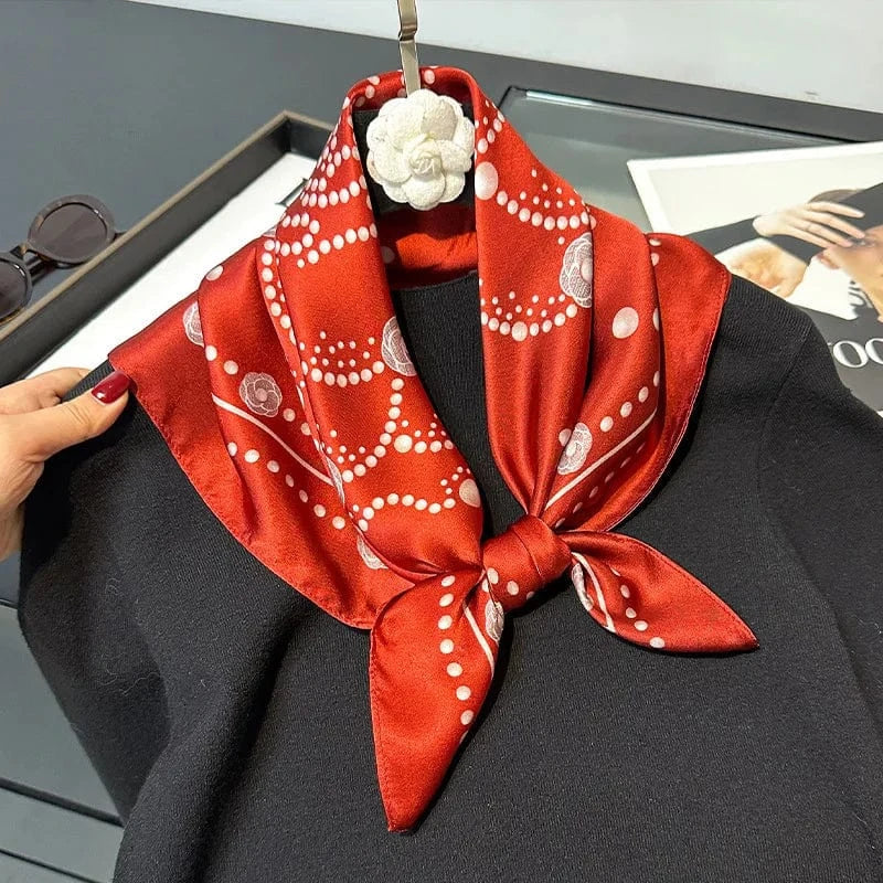 Carré 100% Soie Foulard Carré en Soie - Motif Mandala Rosace Rouge, Design Floral Géométrique avec Bordures Pointillées 70x70cm