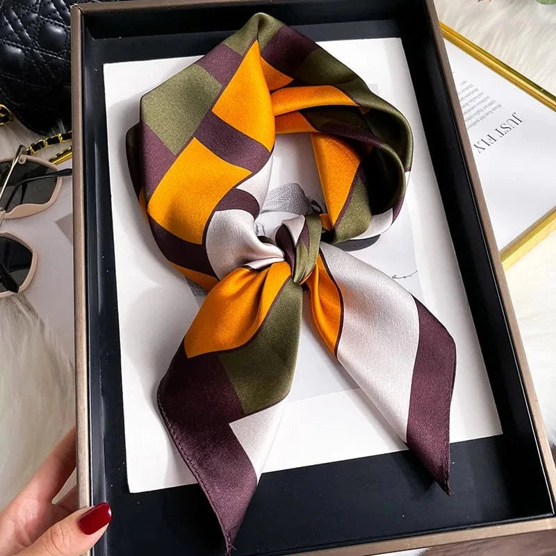Carré 100% Soie Foulard Imprimé Géométrique Damier Orange Olive Blanc Violet 70x70cm