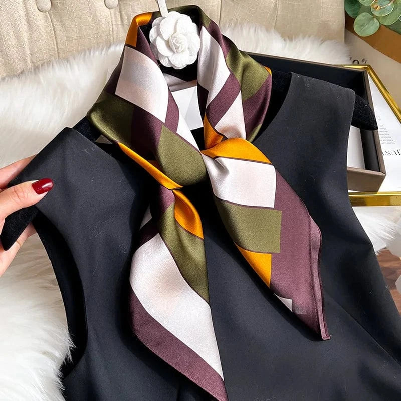 Carré 100% Soie Foulard Imprimé Géométrique Damier Orange Olive Blanc Violet 70x70cm