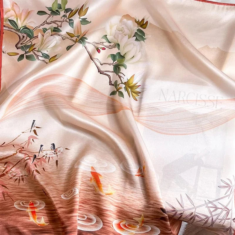 Carré 100% Soie - Foulard Jardin Oriental, Motif Koï et Botanique Zen 70x70cm
