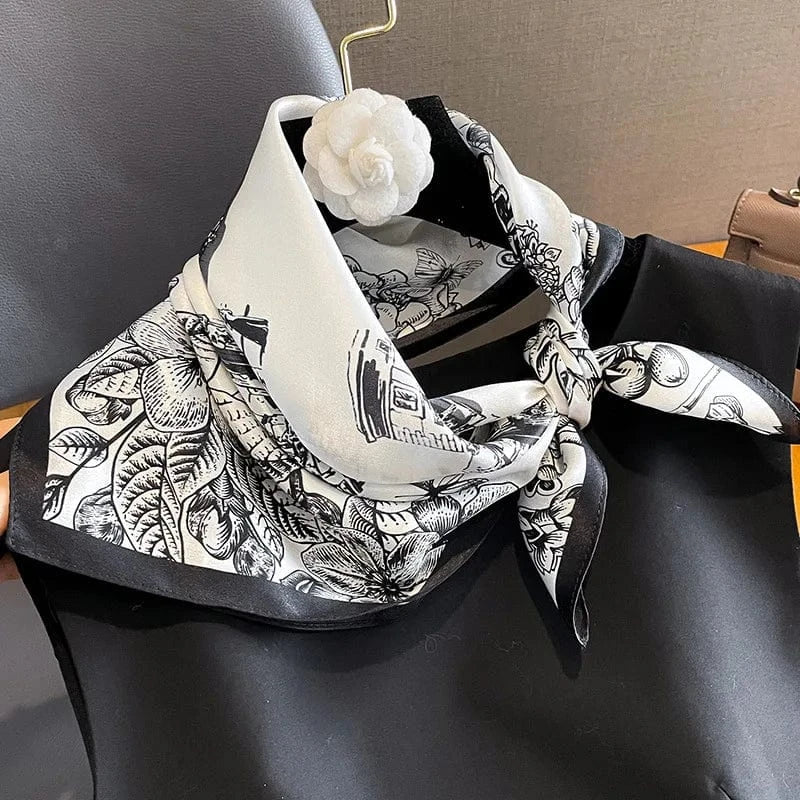Carré 100% Soie - foulard noir et blanc motif architectural femme 53x53cm