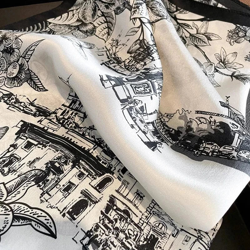 Carré 100% Soie - foulard noir et blanc motif architectural femme 53x53cm