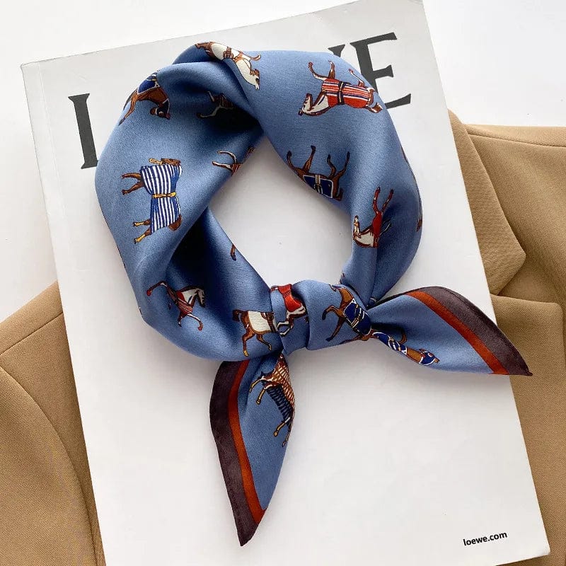Carré 100% soie naturelle motif chevaux équestre Bleu / 53x53cm