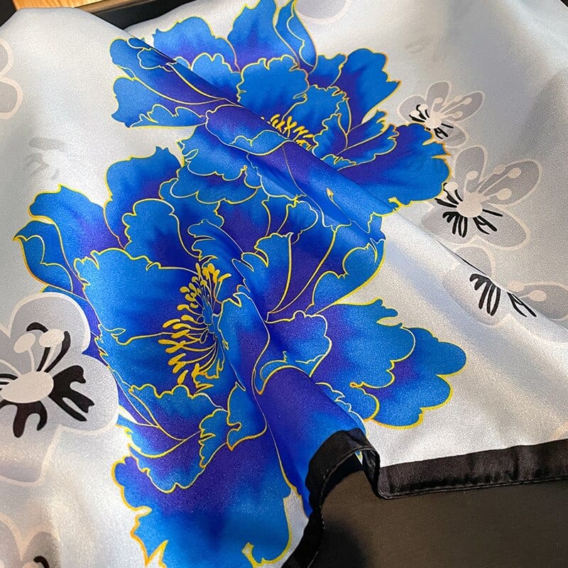 Carré 100% Soie Pivoine Bleu 53x53CM