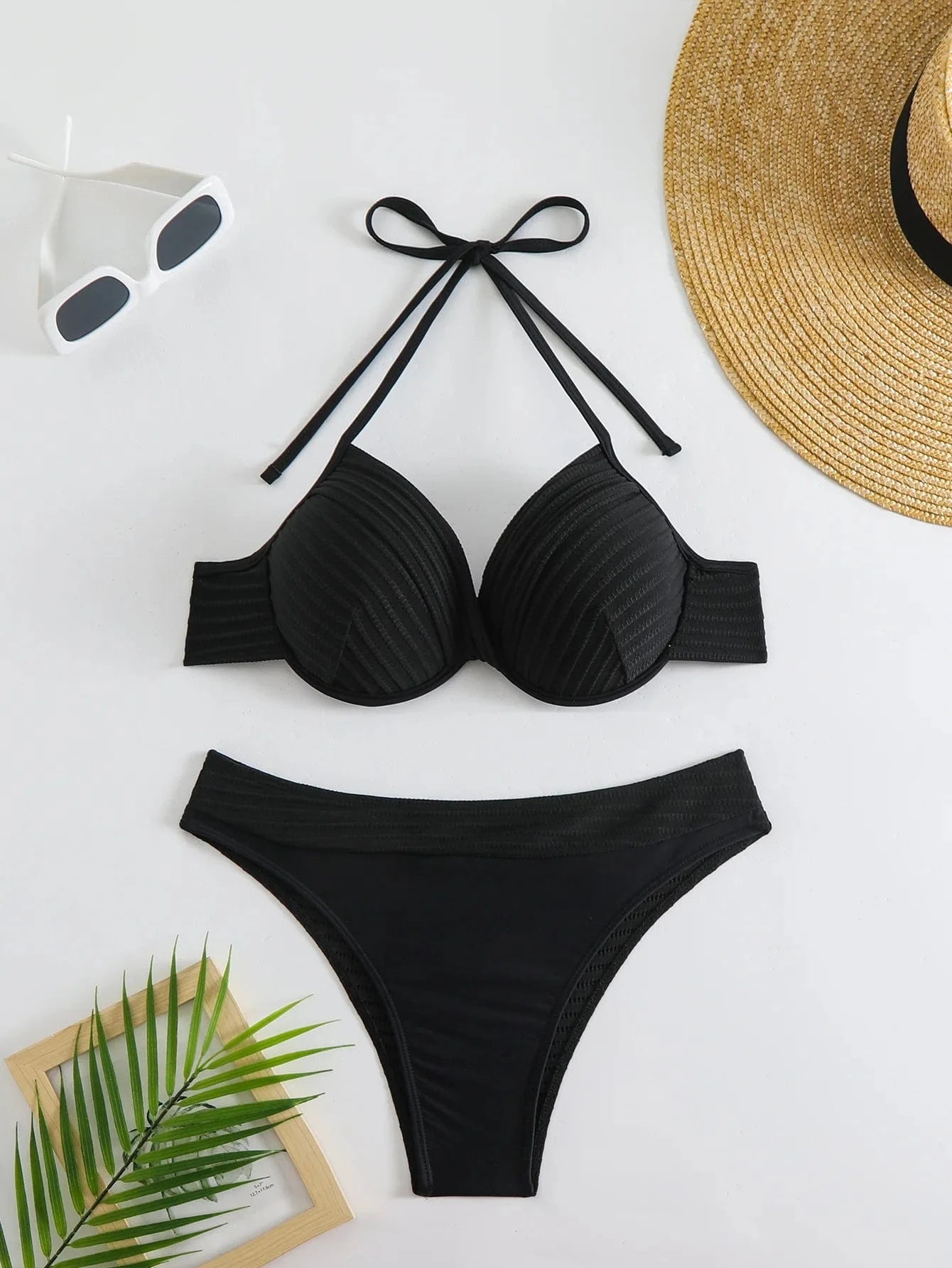 Élégant Bikini Blanc en Tissu Texturé - Style Chic et Moderne Noir / S