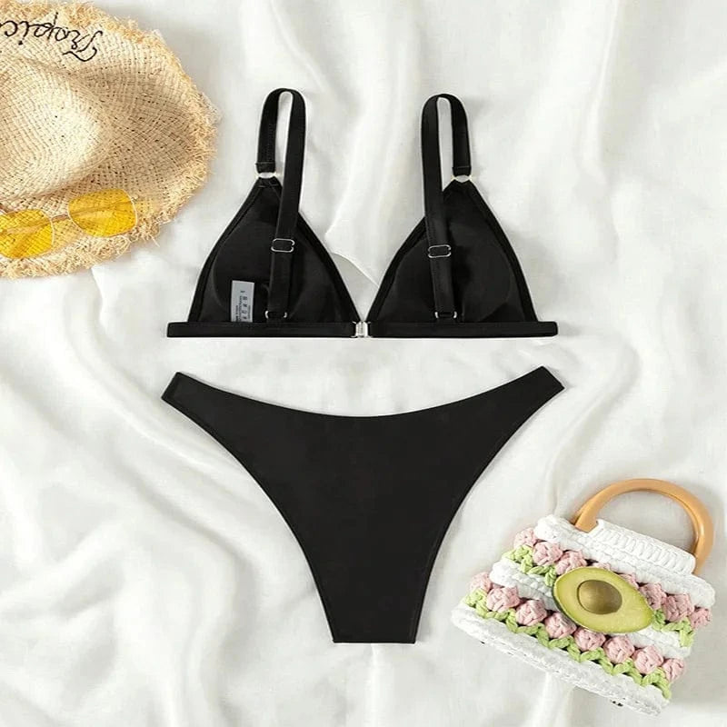 Évasion Tropicale : Bikini Floral Exotique Deux Pièces pour un Été Ensoleillé Noir / S