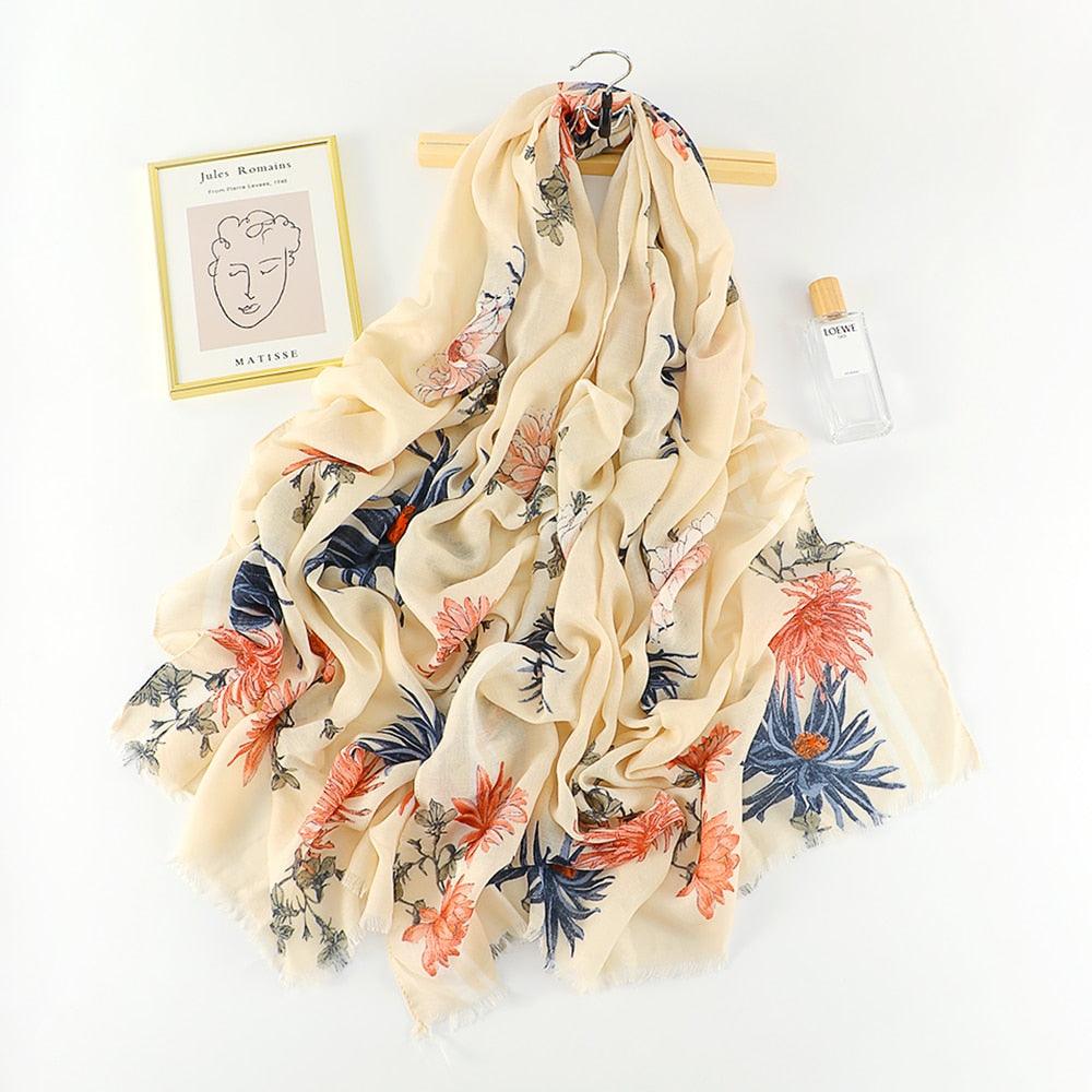 Foulard en coton floral beige de luxe