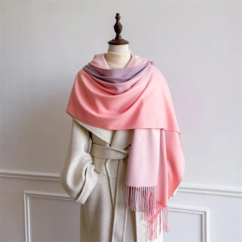 Echarpe Acrylique Dégradé Rose Pêche Lilas – 190x70 cm, Satiné, Franges Rosées