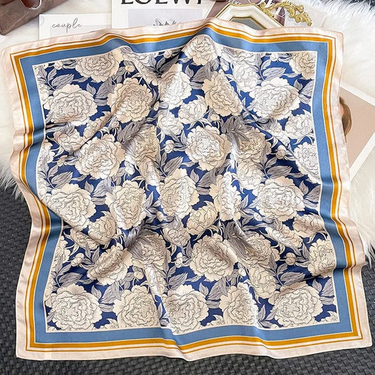 Carré 100% Soie Bleu Décoration Fleurs Femme 70x70cm