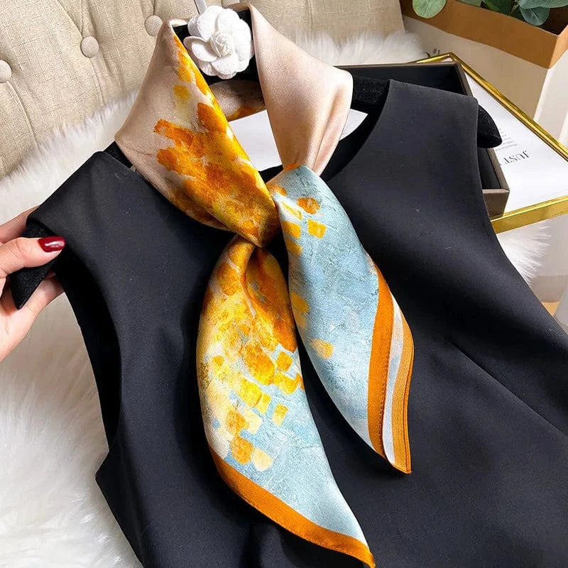 Carré 100% Soie – foulard en soie imprimé abstrait cadre taches colorées 70x70cm
