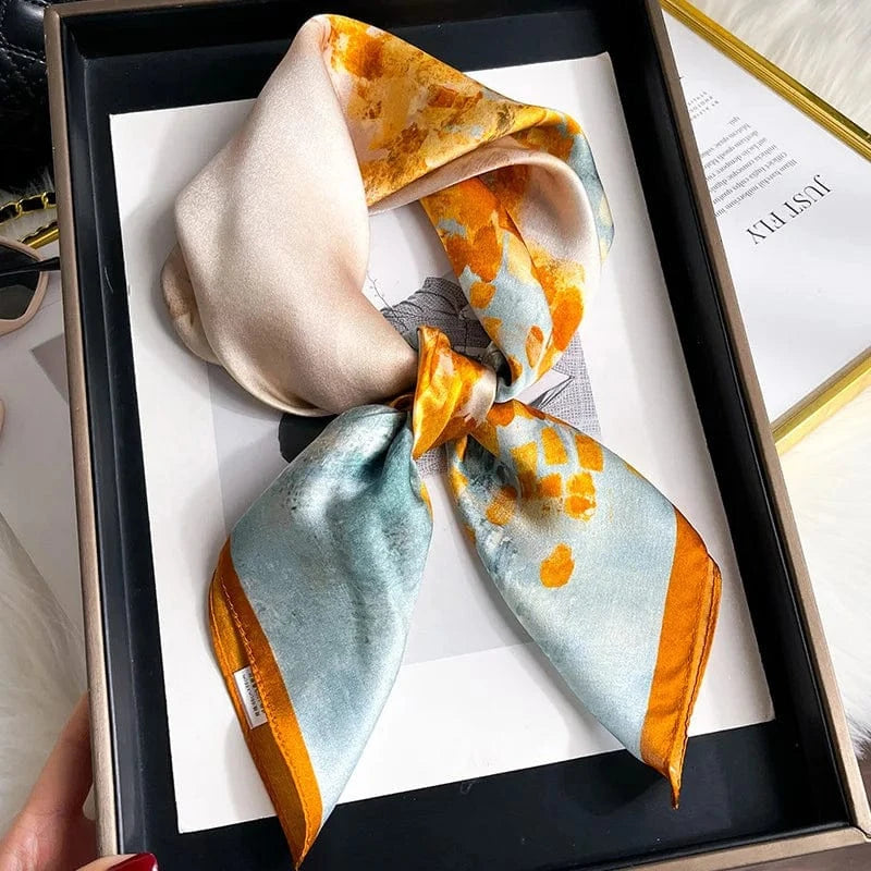 Carré 100% Soie – foulard en soie imprimé abstrait cadre taches colorées 70x70cm