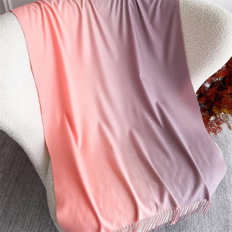 Echarpe Acrylique Dégradé Rose Pêche Lilas – 190x70 cm, Satiné, Franges Rosées