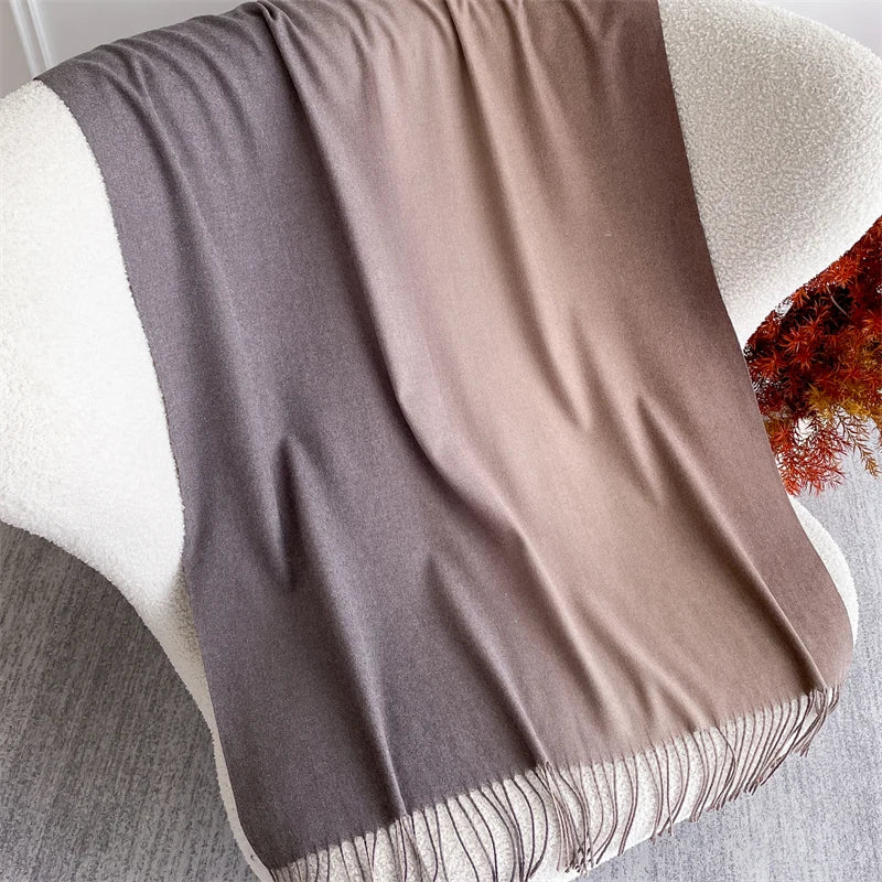 Echarpe Acrylique Gris-violacé Rose-Taupe Beige Dégradé Satiné Élégance Automne Hiver Fini Lisse et Franges