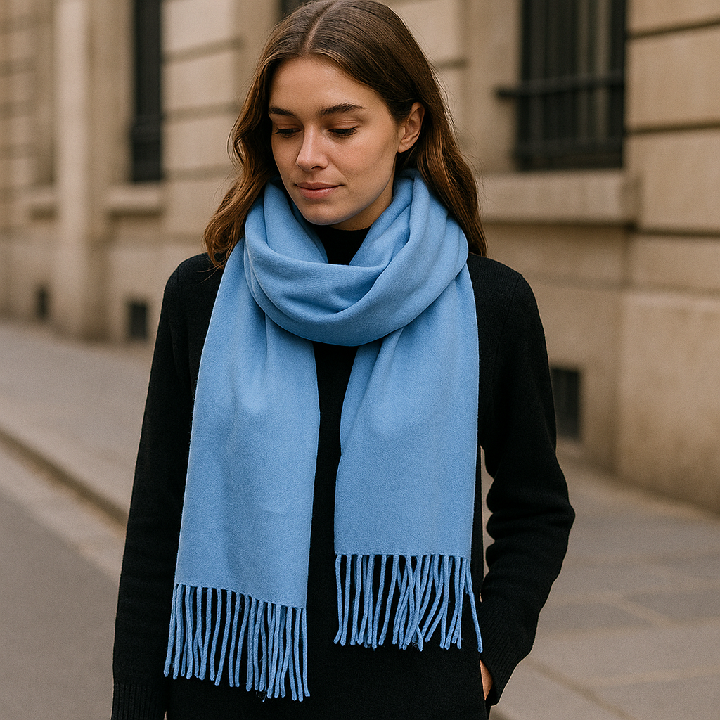 Echarpe Cachemire Bleu Ciel Pastel – 180x30 cm, Foulard Mono et Élégant