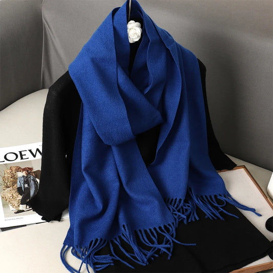 Echarpe Cachemire Bleu Royal Cobalt - Drape Luxueux, Franges Fines
