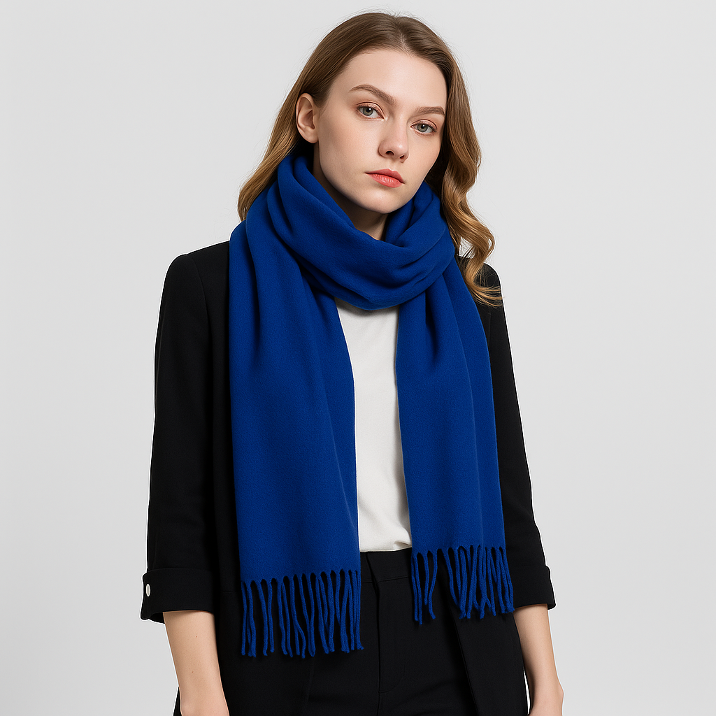 Echarpe Cachemire Bleu Royal Cobalt - Drape Luxueux, Franges Fines