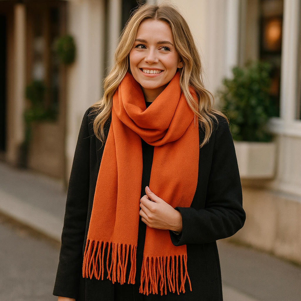 Echarpe Cachemire Mandarine Vif - Veloutée et Franges Longues