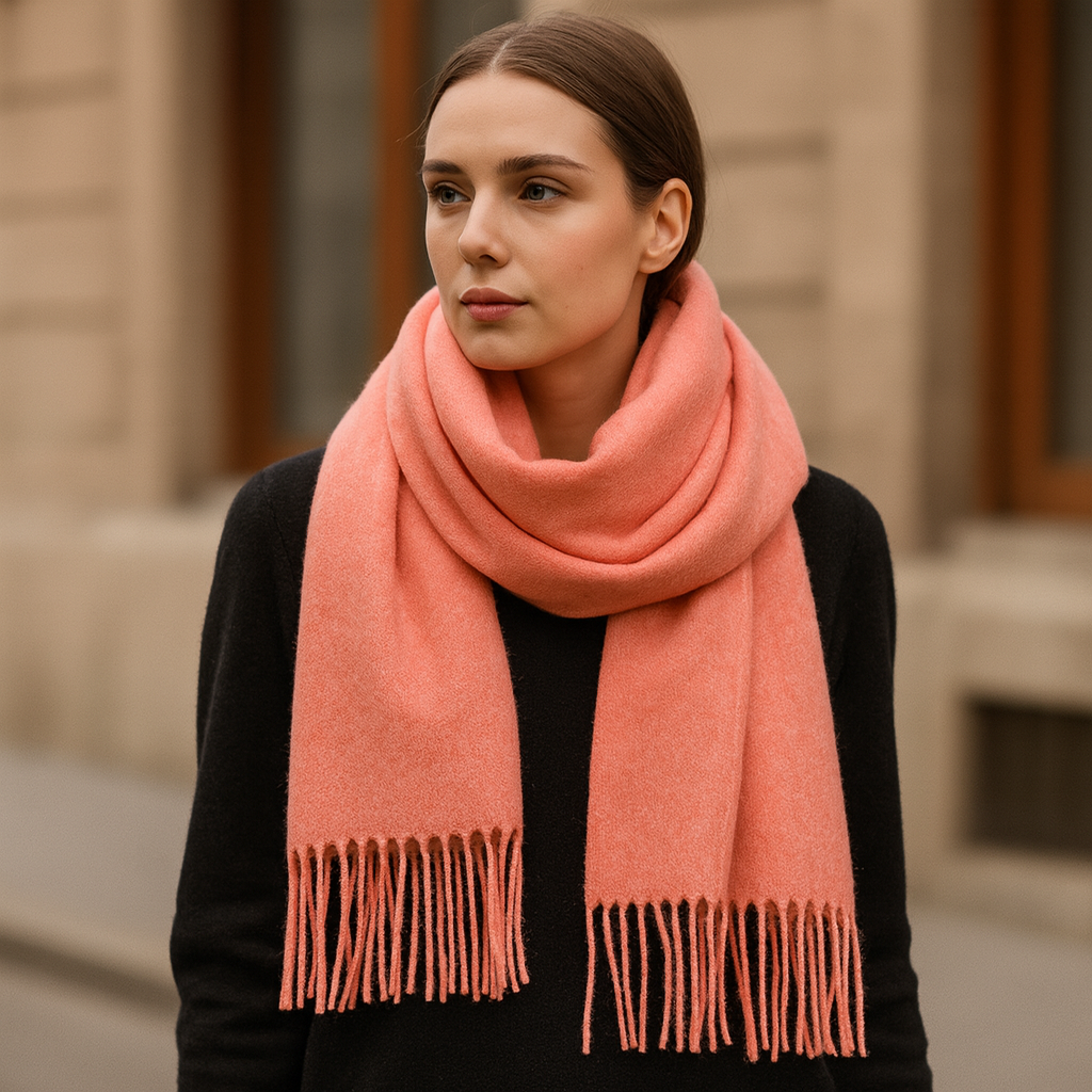 Echarpe Cachemire Rose Pêche Veloutée et Franges Fines