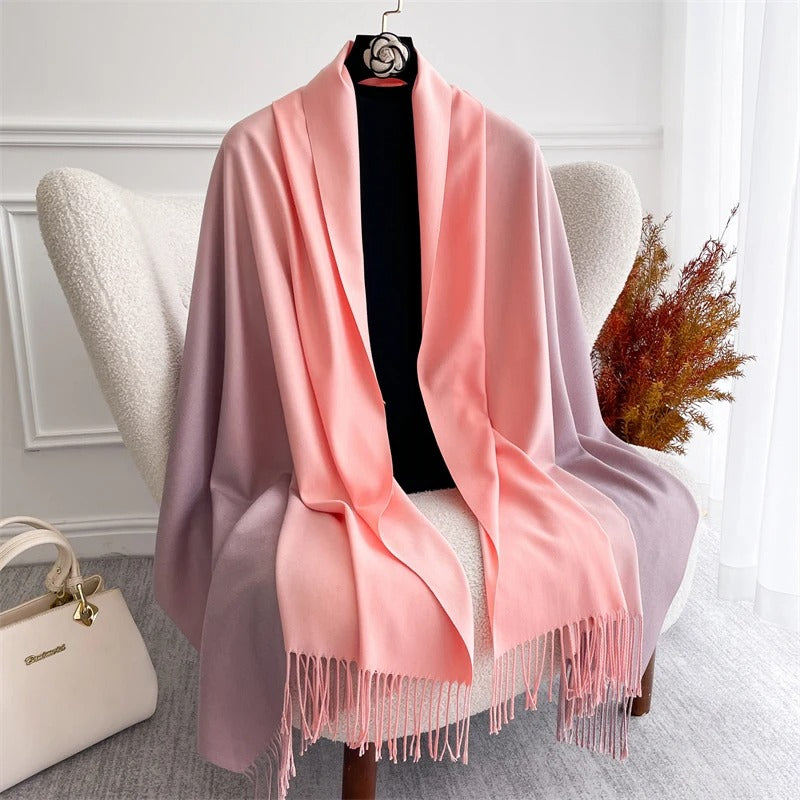 Echarpe Acrylique Dégradé Rose Pêche Lilas – 190x70 cm, Satiné, Franges Rosées