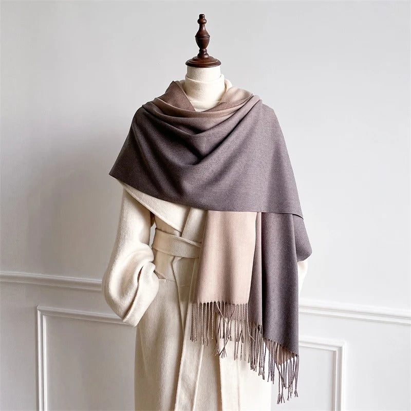 Echarpe Acrylique Gris-violacé Rose-Taupe Beige Dégradé Satiné Élégance Automne Hiver Fini Lisse et Franges