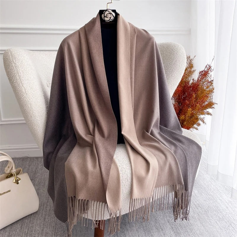 Echarpe Acrylique Gris-violacé Rose-Taupe Beige Dégradé Satiné Élégance Automne Hiver Fini Lisse et Franges