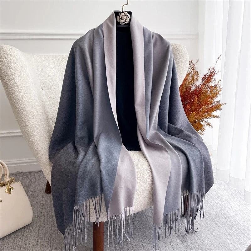 Echarpe Acrylique Dégradé Bleu Ardoise-Gris Perle – Satiné 190 cm × 70 cm
